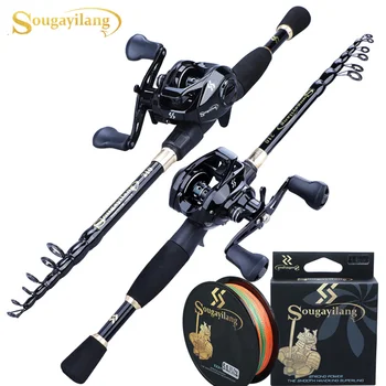 Sougayilang Комбинирана с телескопичен прът за риболов на риба 1,8-2,4 м и висока риболовна макара 7,2: 1 с въдица с дължина 150 м