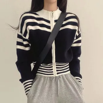 STSVZORR Корейски шик, пролет-лято, ретро пуловер райе с цип с висока яка и дълги ръкави, топ, жилетка, палто, жена