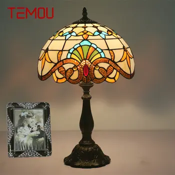TEMOU Модерна Настолна лампа Tiffany LED Творчески ретро европейския настолна лампа от витражного стъкло Декор за дома, хол, спалня
