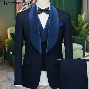 Thorndike, нов модерен тъмно синьо сватбен костюм за мъже, официално сако, панталон, жилетка, комплект яке за младоженеца-от три елемента, оборудвана облекло