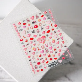TS066 Розова стикер за дизайн на ноктите с форма на сърце с надпис LOVE, Червени Устни, Стикери за нокти, 3D самозалепващи стикери за декорация на нокти