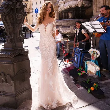 Vestido De Noiva Евтиното бельо сватбена рокля на русалка с дълъг ръкав 2019, секси сватбени рокли с прозрачна облегалка, Robe De Mariage