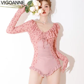 VigoAnne Розов, 2 броя, дантелени бански костюми с дълъг ръкав, Женски секси парче бански повдигащ, корейски монокини с отворен гръб, бански костюм