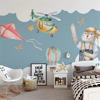 wellyu индивидуална голяма фреска в скандинавски стил, ръчно рисувани, cartoony въздушен змей със заек, балон за детска стая, фонова стена