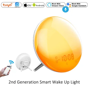 WiFi Smart Wake Up Light Часовници на работния ден Имитация на изгрев/залез слънце на 4 алармата Работи с Алекса Google Home Sasha App дистанционно управление