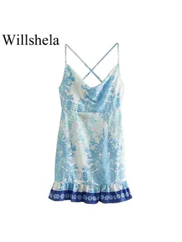Willshela/ женствена мини рокля с модерен принтом с цип и отворен гръб, реколта тънки бретельки, люлка яка, шикозни дамски рокли