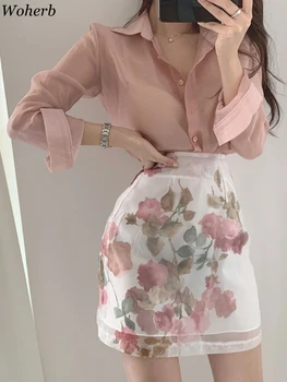 Woherb корея елегантна тънка полупрозрачна блуза с флорални принтом, дамски годишна елегантна офис дамски дрехи, риза 2023, Летни блузы Femme