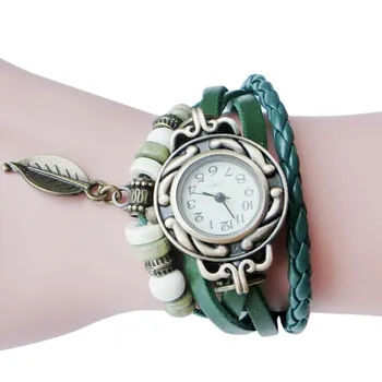 Women Watches 2022 Fashion Children Retro Leatherwinding Bracelet Leaf Pendant Watch For Women Reloj Mujer Часовник Дамски Ръчен
