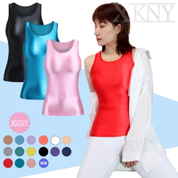 XCKNY Маслен еластична, копринена риза с подтяжками универсален цвят, монтиране топ без ръкави, всекидневни спортен мултифункционален жилетка