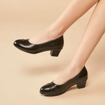 XIHAHA, модни дамски обувки от естествена кожа, черни обувки на среден ток, дамски обувки-лодка с мека подметка в масивна ток, унисекс, обувки за латино танци