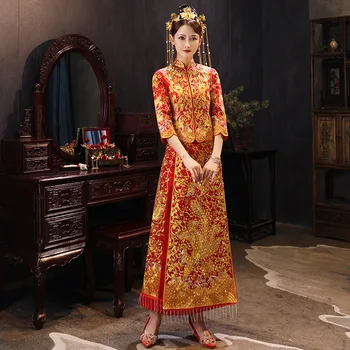 XiuHe Висококачествено Червено Китайското Сватбена Рокля Женски Чонсам Златното Фин Китайски Традиционната Рокля Женски Ципао за Сватбени Партита