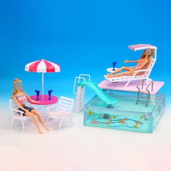 Аксесоари за кукли, играчки за кукли Барби, мебели за басейн, чадър, плажен стол, пързалка за кукли Барби, комплект за басейн, детска играчка за подарък