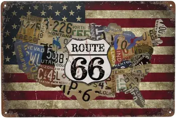Американският флаг, гаражно знак, Route 66, стари метални консервени знаци, Жп рисувани размер 12x8 инча, боядисани стени, Ресторант, Бар, Кафе, Клуб