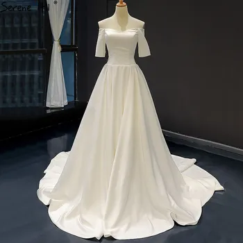Бели сатенени секси рокли за абитуриентски бал с къси ръкави 2023, с открити рамене, Прости висококачествени рокли за абитуриентски бал, Реална снимка 66836