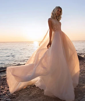 Богемное плажна дантелено сватбена рокля с високо воротом, открита на въртене, Robe De Mariee, шифоновая шапчица с ръкави, булчински рокли по поръчка, плюс Размер