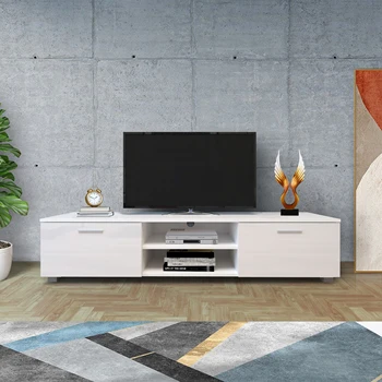 Бял шкаф за телевизор с диагонал 70 инча, мултимедийна конзола, развлекателен център, тв маса, 2 гардероба за съхранение с отворени рафтове