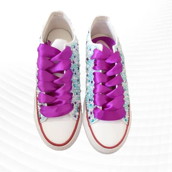 Бяла парусиновая обувки с нисък покрив, украсена с перли и кристали, лилавата лента, удобни спортни обувки за ходене, вулканизированная ръчно изработени обувки с кристали 35-46