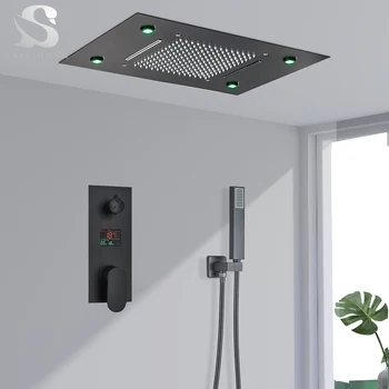 Вграден в тавана интелигентен дистанционно управление LED за душ с дъждовна дюза Black Shower Set High Flow Waterfall Shower Скрит кран