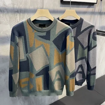 Висококачествен нов модерен вязаный пуловер е модерен дизайнерски марка, луксозен пуловер с кръгло деколте, мъжки вълнен ежедневни жилетки, мъжки дрехи