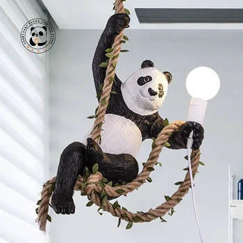 Висящи лампи Panda LED E27, скандинавски коноп въже, смола, окачена лампа Panda, зоологическа градина, декоративни осветителни тела, бар, реколта промишлена полилей