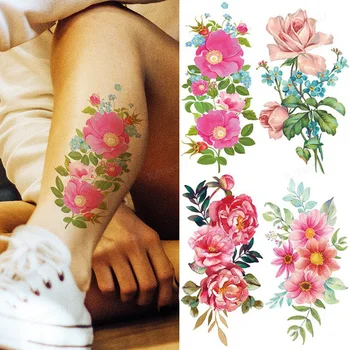 Водоустойчив временна татуировка, 3D акварел, реалистична лавандула, Маргаритка, роза, женска татуировка, детски фалшиви татуировки по краката