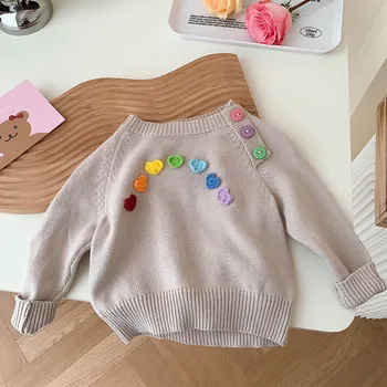 Вязаный пуловер памук за малки момичета с шарени във формата на сърце, пролетно-есенна модни детски дрехи