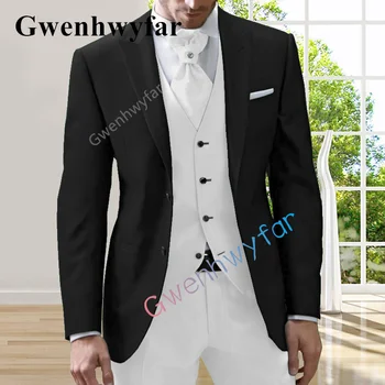 Гвенвифар Сшита на поръчката-Черен костюм с Бяла жилетка младоженеца-Смокинги-За младоженците-Козирка-С ревери-Сватба-Вечерни Костюми-Кума-Булката-Сако