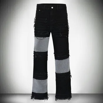 Градинска облекло контрастни цветове, мъжки дънки 2023, дънки-клеш, дънки за хай стрийт, дънки с джинсовым каишка, дънки в стил пънк, хип-хоп, панталони
