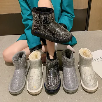 Дамски зимни обувки с кристали, 2021 г., блестяща кожа, водоустойчив кристали, плюшени обувки 