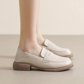 Дамски лоферы на дебела подметка, новост 2023 година, кожени обувки в британски стил с кръгла пръсти на дебелите обувки, дамски ежедневни обувки с мека подметка
