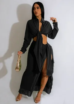 Дамски Макси-дълги поли с цепка отстрани, комплект Ризи, Блузи 2023, Летен плажен комплект от две части, рокля
