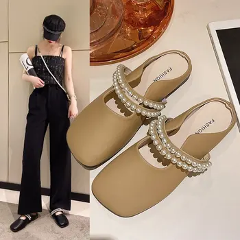 Дамски обувки 2023 г., нови модни декоративни дамски чехли с мъниста, летни улични ежедневни дамски сандали на равна подметка