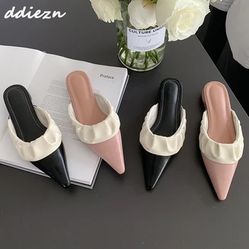 Дамски обувки на равна подметка Отвън, Новост 2023 г., елегантни Дамски чехли, модерни ежедневни дамски чехли с остри пръсти, Сандали-чехли