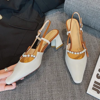 Дамски обувки, новост 2021 г., дамски сандали на висок ток с квадратни пръсти и изкривени, летни сандали с перли, удобни дамски модни сандали Baotou