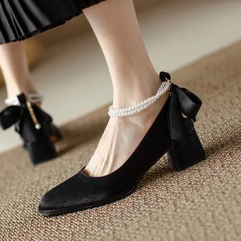 Дамски обувки, повърхности на токчета в стил Хепбърн с френски перли, дамски обувки Мери Джейн в ретро стил, елегантни страхотни обувки на висок ток