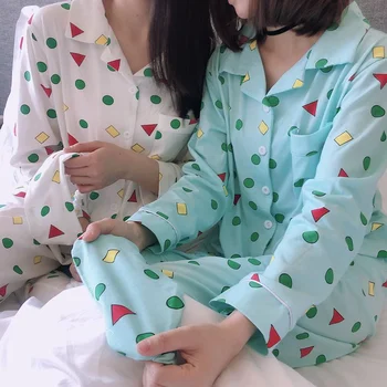 дамски памучен пижама от 2 теми, пролетта жилетка с дълъг ръкав и копчета, панталони с V-образно деколте, пижами в корейски стил с принтом, дамски дрехи за сън