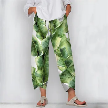 Дамски панталони CLOOCL в скандинавски стил, Широки панталони с принтом листа от живовляк, Свободни ежедневни панталони с джобове, дамски дрехи, с голям размер