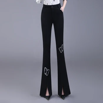 Дамски панталони-клеш с папийонка и диаманти с висока талия, елегантни черни дамски панталони в корейски стил, пролетни модни панталони