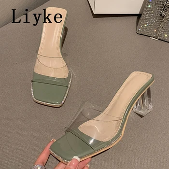 Дамски прозрачни чехли от PVC Liyke, модерни блестящи кристали, обувки на висок ток с квадратни пръсти, прозрачни летни сандали, размер 35-39