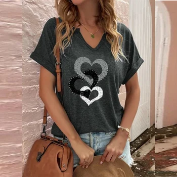 Дамски свободна тениска с къс ръкав и принтом във формата на сърце, Лятна туника с V-образно деколте, Потник, Блуза, риза, Висококачествени дрехи с безплатна доставка 2023