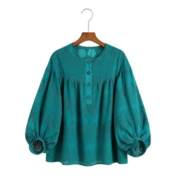 Дамски свободна тюркоазена блуза и риза, завързана деколте и изрези с дълги ръкави-фенерчета