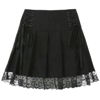 Дамски черен деним пола с висока талия, готическата плиссированная пола с рюшами, универсална лейси мини-пола трапецовидна форма в стил мозайка, градинска облекло