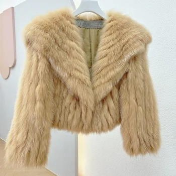 Дамско късо палто от естествена 2023, Ново записване, дамско зимно модно вязаное топло палто с ревера от естествен лисьего кожа