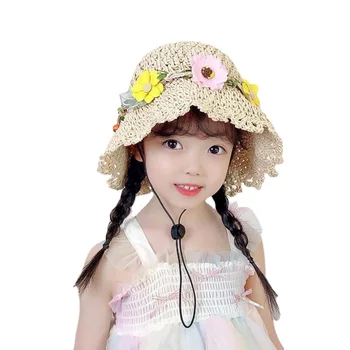 Детска шапка, летни сламени шапки-кофи за момичета, модни плажната детска панама с цветен модел, детски шапки принцеси и шапки, детски шапки