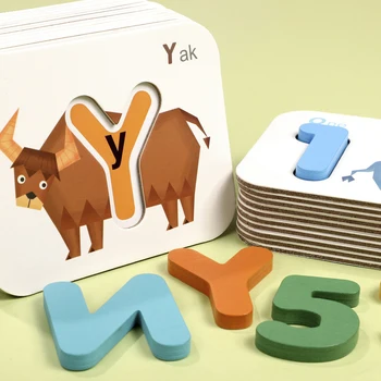 Детски дървени играчки Монтесори, съответстващи на цифрите и писма, познавателни игри с карти блокове за ранно обучение, образователни играчки за деца в подарък