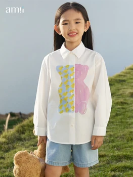 Детски ризи AMII / 2023, пролетно-есенна блуза за момичета, ежедневни корейски дрехи с дълги ръкави в корейски стил от 3 до 12 години, свободна детски дрехи с животни, върхове 22341005