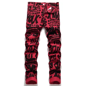 дизайн в стила на нощен клуб, мъжки дънки с червена дигитален печат, модел под формата на букви и точки, Тънки зауженные разтеглив дънкови панталони, памучни панталони, дънки