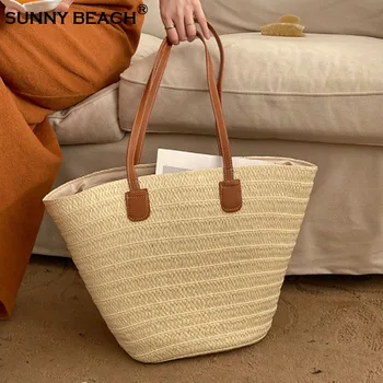 Дизайнерски сламена дамска чанта, голяма чанта голям-кофа, ратанови женствена чанта през рамо, плетени Чанти, лятна плажна голяма чанта-тоут