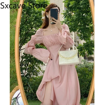 Дизайнерско Розова рокля Midi, женски сладко винтажное елегантна пълномаслено рокля, корейската мода 2021, есен е една чудесна вечерна рокля с висока талия, дама