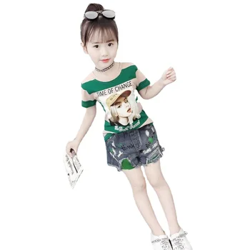 Дрехи за тийнейджъри, Новите Модни Летни Скъсани дънкови Шорти + Ежедневни Лоскутная тениска с писмото принтом, комплект Дрехи от 2 теми в корейски стил за момичета от 4 до 12 години